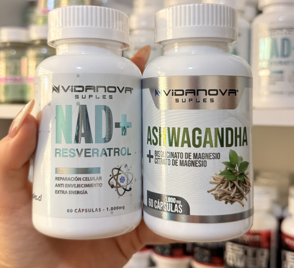 Duo Pack NAD+ con Resveratrol y Ashwagandha con Magnesio: dos frascos de 60 cápsulas